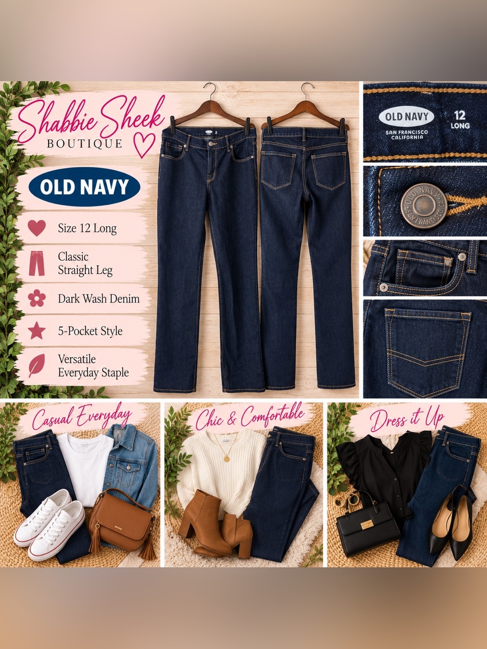 Old Navy Size 12 Long Dark Wash Straight Leg Jeans